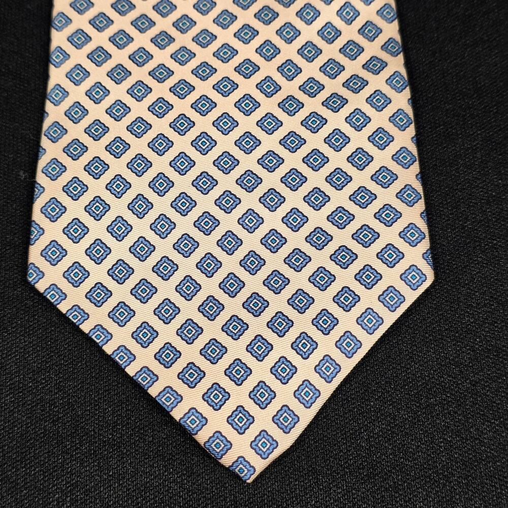 ADOLFO Tie Men's Beige Blue Geometric Pattern 100% Silk
